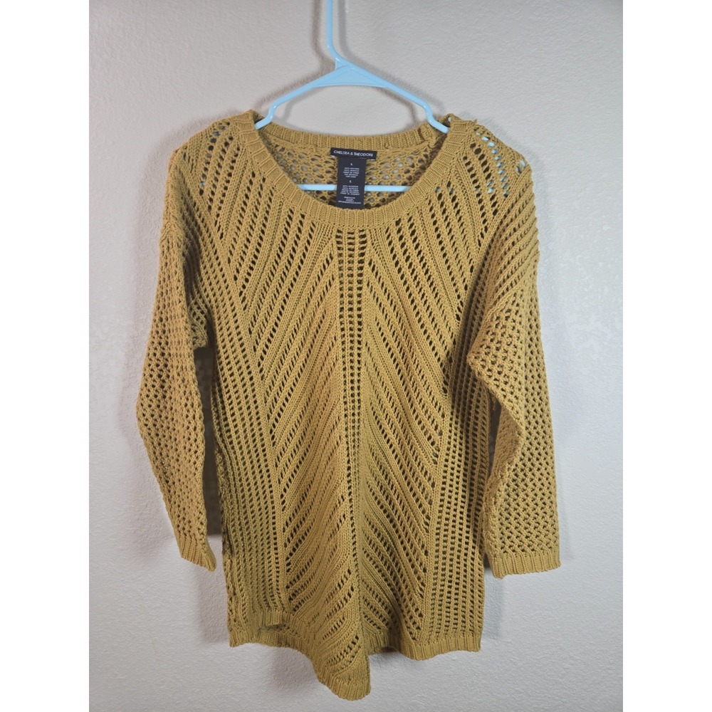 Chelsea & Theodore Sweater Open Knit Gold Yellow Pullover 3/4 Sleeve Large